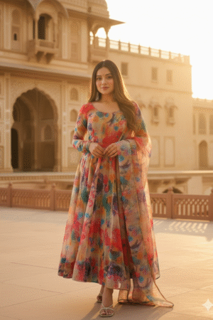Women's Georgette Floral Printed Fit and Flare Anarkali Kurta with Dupatta Graceful Elegance for Every Occasion