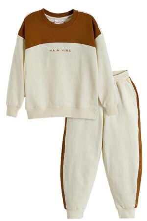 Hopscotch Boys Full Sleeves Beige 2-Pc Cotton Colourblock Sweatshirt & Joggers