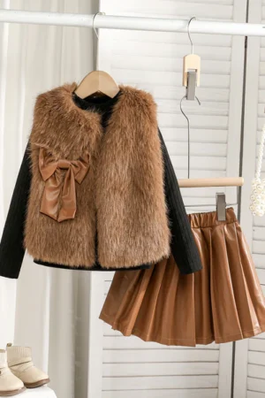 Girls Brown Skiwi with Faur Fur Jacket & PU Flared Skirt Set