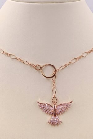 Rose Gold Phoenix Necklace, 925 & Rose Gold Phoenix Rising Pendant; Rose Bird Drop Pendant; Rose Gold Lariat Phoenix, Infinity Close