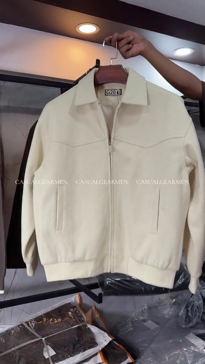 Men's Cream Textured Bomber Jacket - Classic Collared Zip-Up