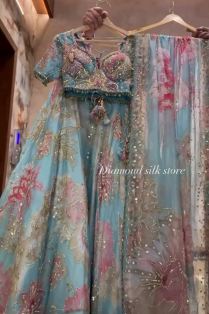 Aqua Blue Floral Printed Organza Lehenga with Dupatta – Light, Elegant & Dreamy Festive Wear
