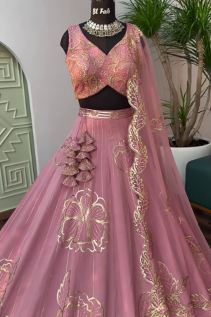 Peach color Designer Sequence Embroidery work Lehenga choli