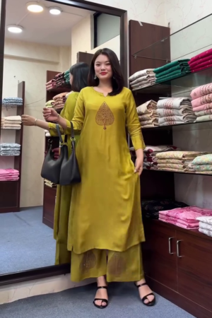 Yellow Blossom Premium Rayon Embroidery Kurti Plazzo Set