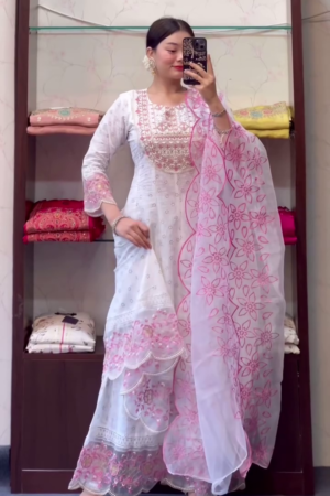 White & Red Embroidered A-Line Kurta With Palazzo & Dupatta