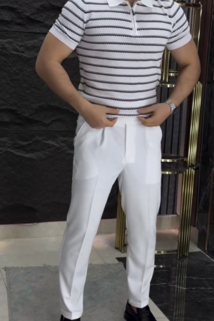 Beige And White Striped Short Sleeve Polo