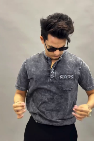 Mandarin Collar Roll-Up Sleeves Cotton Denim Straight Kurta