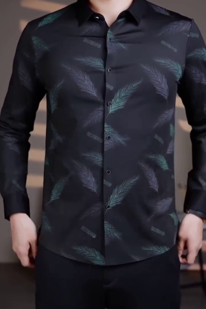 Men's Business Printing Button Long Sleeve Turn-Down Collar Cardigan Shirt Formal Tops