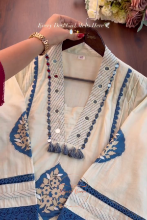 Floral Yoke Design V-Neck Panelled Cotton Anarkali Kurta With Trousers & Dupatta